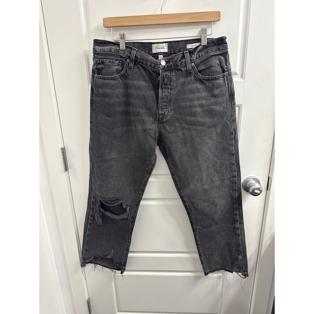 FRAME Le Slouch Crop Jeans 28 Washed Black Distressed Raw Hem Straight Leg Denim
